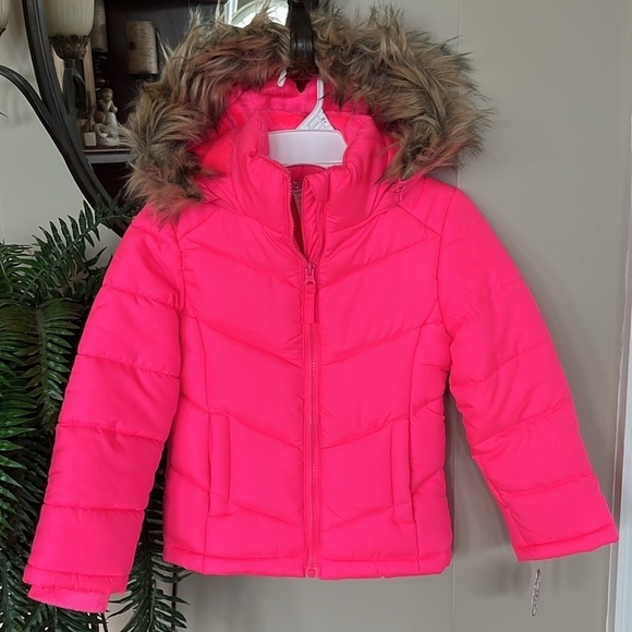 Brand New SO Bright Neon Pink Zip Up Winter Jacket Hooded Puffer Faux Fur Trim - Picture 15 of 15